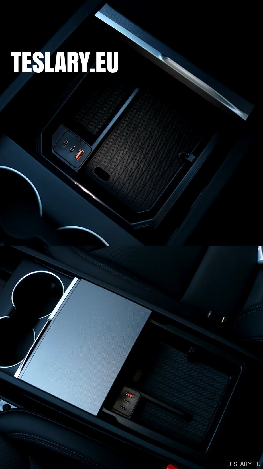 Tesla Model 3+ Highland Centre Storage Trays with USB Ports - TESLARY Tesla Shop Accessories Europe Nederlands Dublin Cork Ireland Deutschland Espana Alicante France Italia