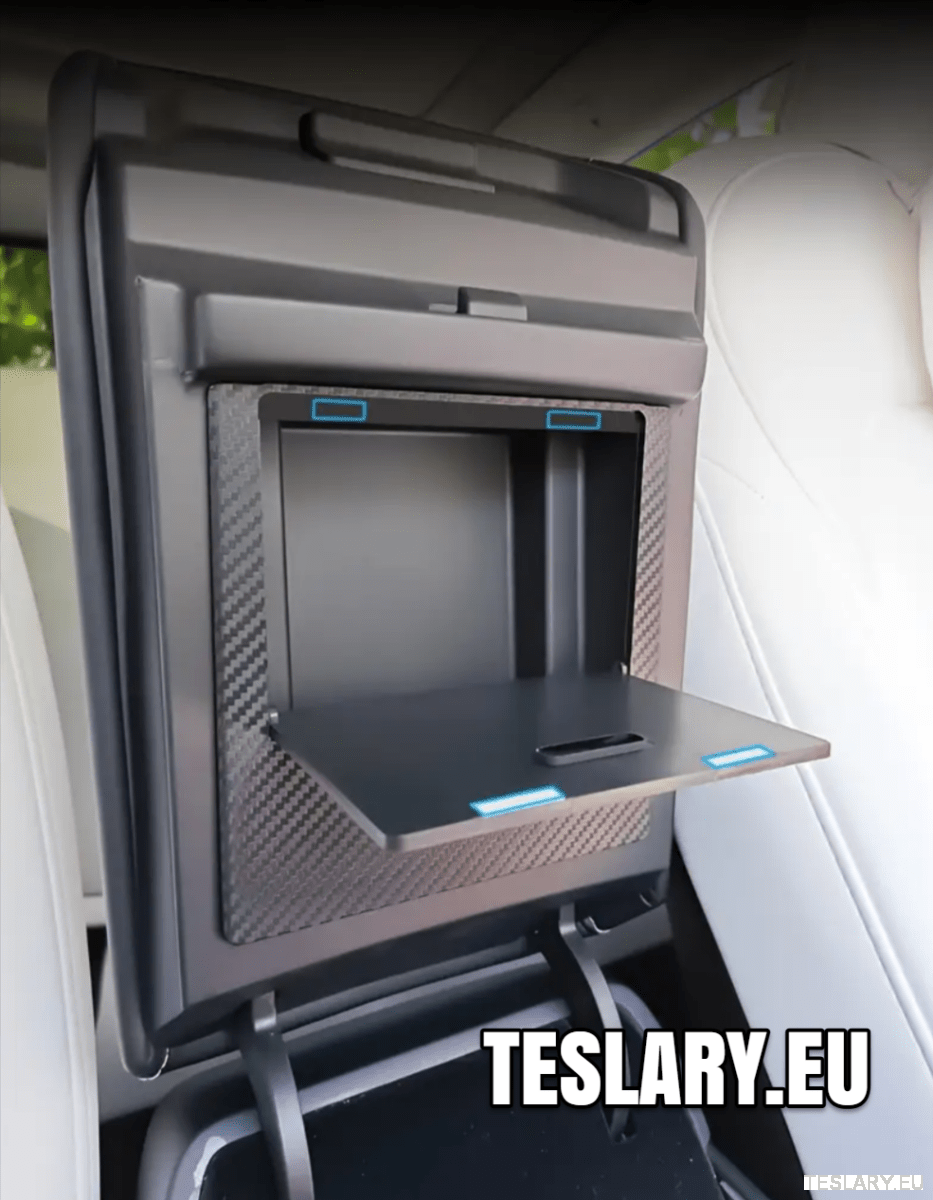 Tesla Model 3 / Y Armrest Hidden Storage Magnetic Lock Carbon Fibre Style Finish - TESLARY Tesla Shop Accessories Europe Nederlands Dublin Cork Ireland Deutschland Espana Alicante France Italia