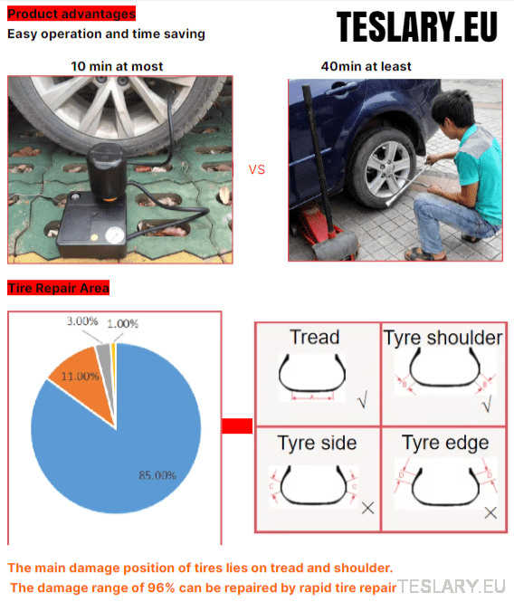 Tyre Puncture Repair Kit with Compressor and Storage Bag - TESLARY Tesla Shop Accessories Europe Nederlands Dublin Cork Ireland Deutschland Espana Alicante France Italia