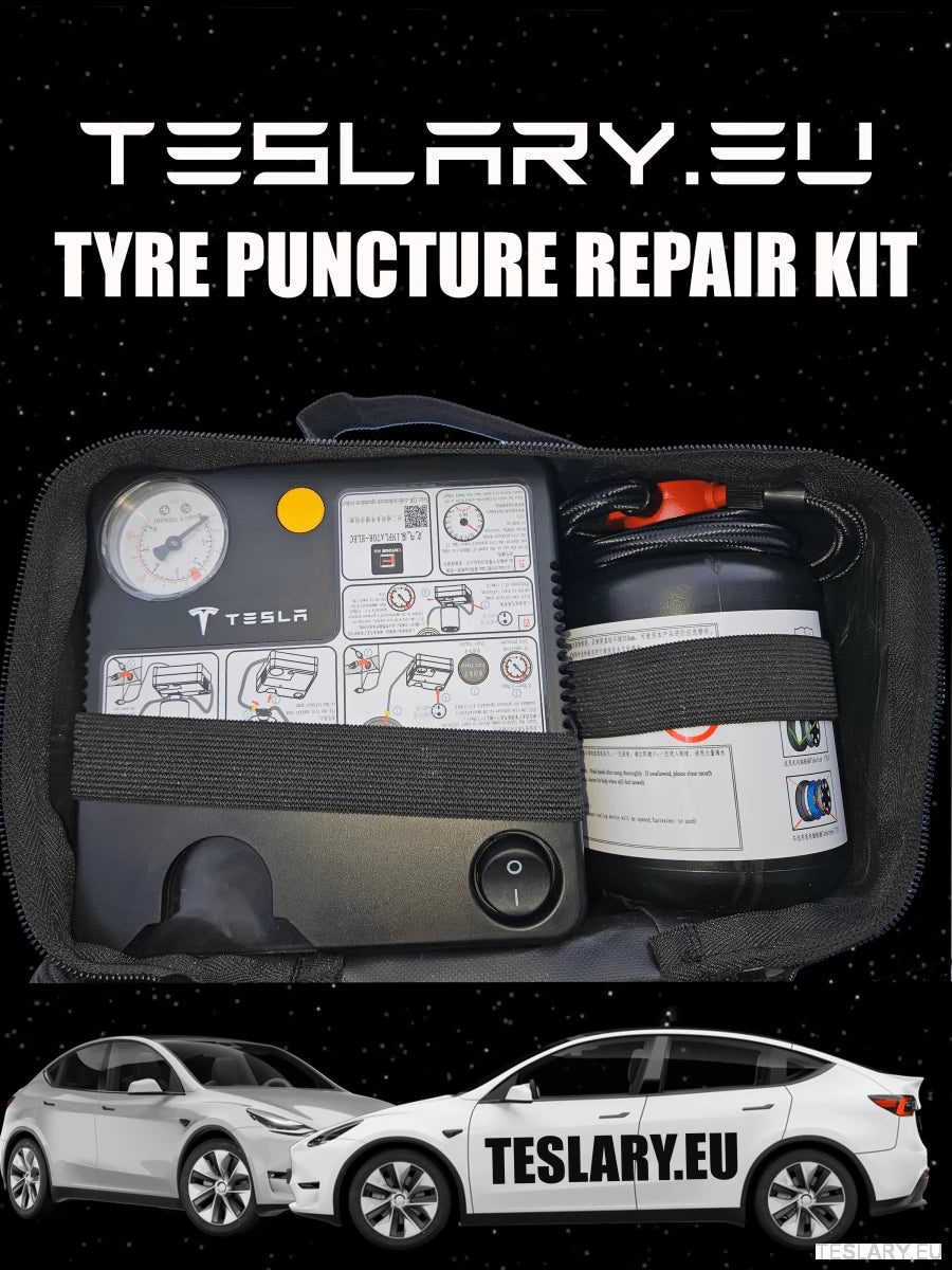 Tyre Puncture Repair Kit with Compressor and Storage Bag - TESLARY Tesla Shop Accessories Europe Nederlands Ireland Deutschland Espana Alicante France Italia