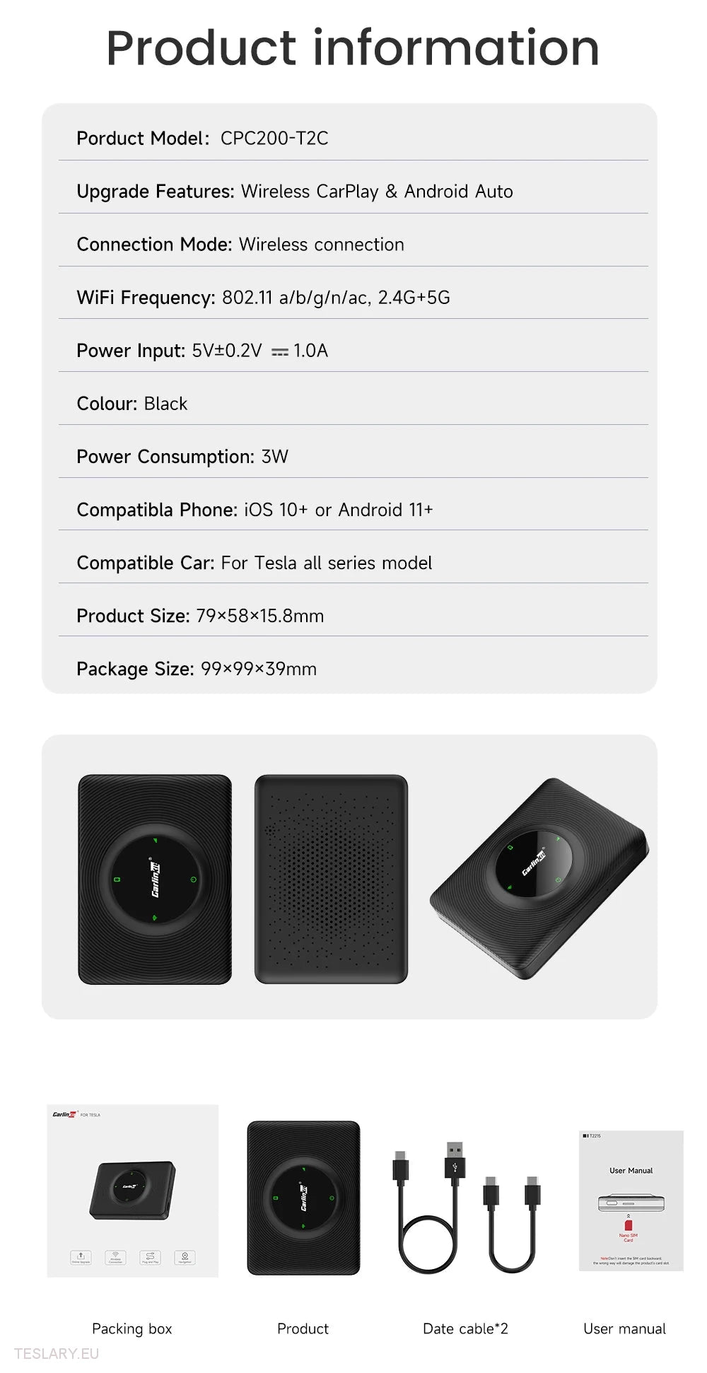 Tesla Wireless Adapter for Carplay for Android & Apple Devices