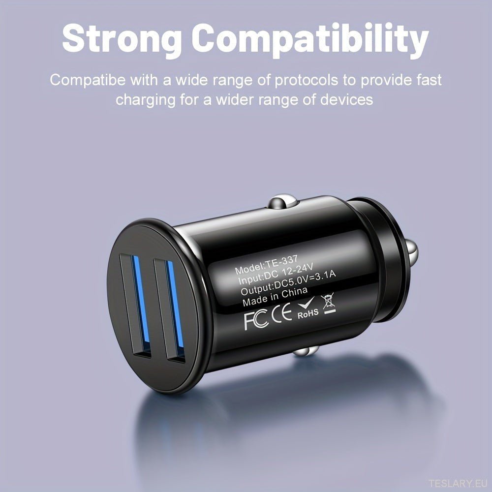 Mini USB Car Charger 2 Ports Fast Charger Adapter for EVs Including Tesla , BYD & Many More - TESLARY Tesla Shop Accessories Europe Nederlands Dublin Cork Ireland Deutschland Espana Alicante France Italia