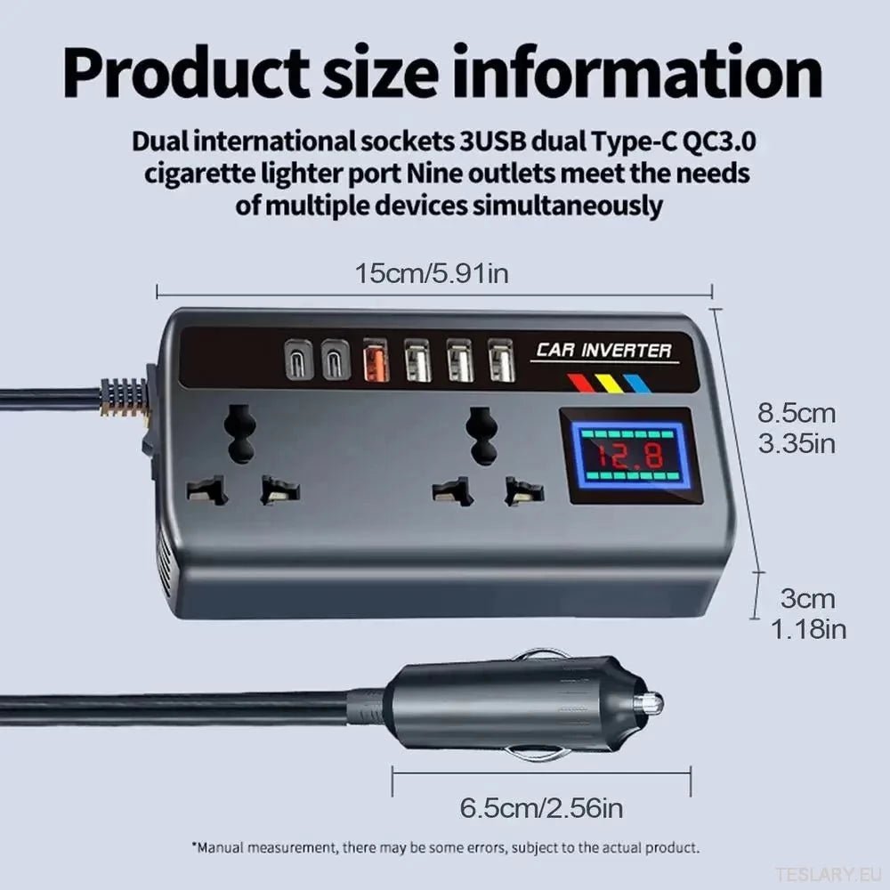 Multiport Car Power Inverter: 12V/24V to 220V with 9 Charging Ports - EV Compatible - TESLARY Tesla Shop Accessories Europe Nederlands Ireland Deutschland Espana Alicante France Italia
