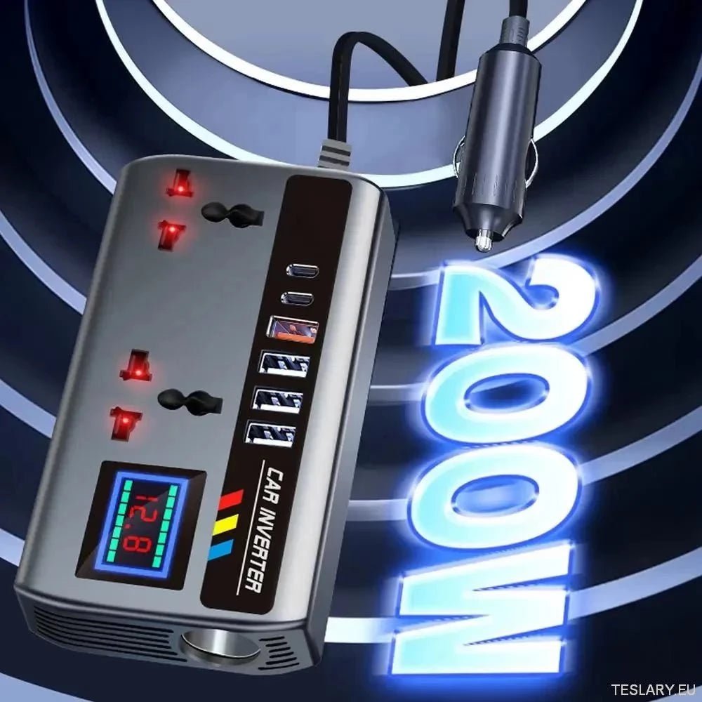 Multiport Car Power Inverter: 12V/24V to 220V with 9 Charging Ports - EV Compatible - TESLARY Tesla Shop Accessories Europe Nederlands Ireland Deutschland Espana Alicante France Italia