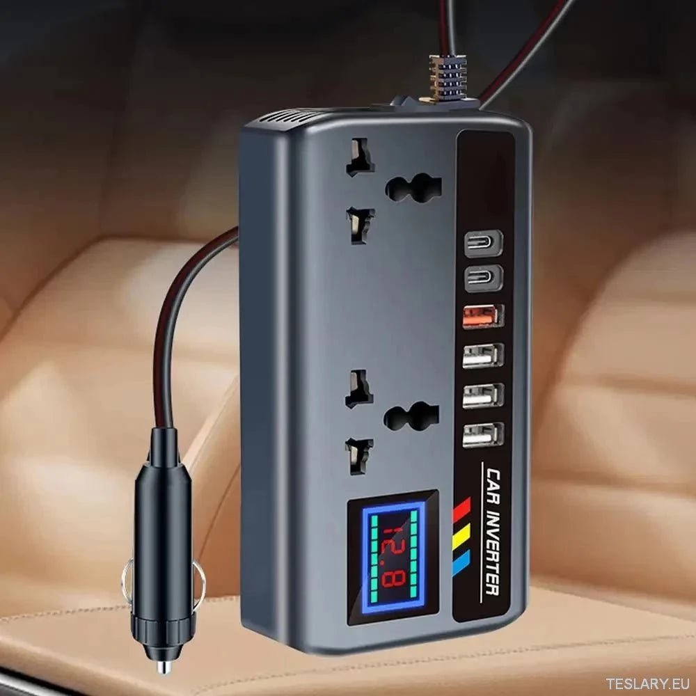Multiport Car Power Inverter: 12V/24V to 220V with 9 Charging Ports - EV Compatible - TESLARY Tesla Shop Accessories Europe Nederlands Ireland Deutschland Espana Alicante France Italia