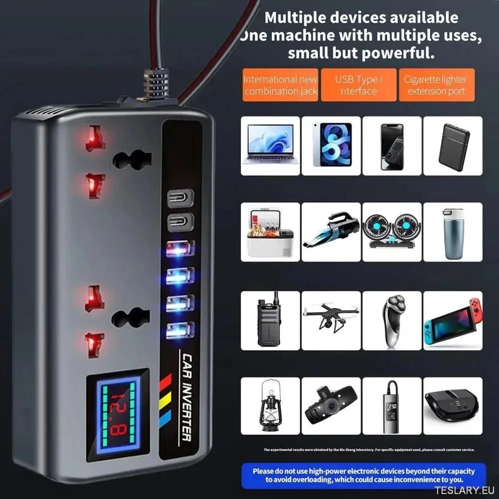 Multiport Car Power Inverter: 12V/24V to 220V with 9 Charging Ports - EV Compatible - TESLARY Tesla Shop Accessories Europe Nederlands Ireland Deutschland Espana Alicante France Italia