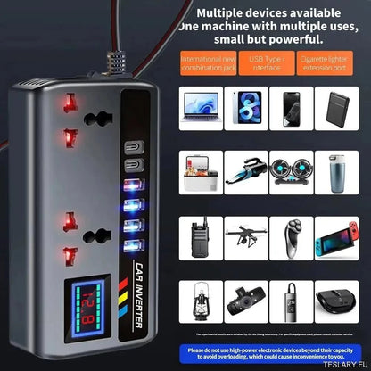 Multiport Car Power Inverter: 12V/24V to 220V with 9 Charging Ports - EV Compatible - TESLARY Tesla Shop Accessories Europe Nederlands Ireland Deutschland Espana Alicante France Italia
