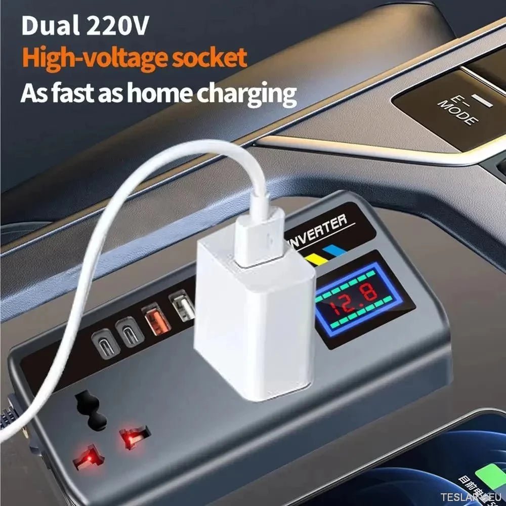 Multiport Car Power Inverter: 12V/24V to 220V with 9 Charging Ports - EV Compatible - TESLARY Tesla Shop Accessories Europe Nederlands Ireland Deutschland Espana Alicante France Italia