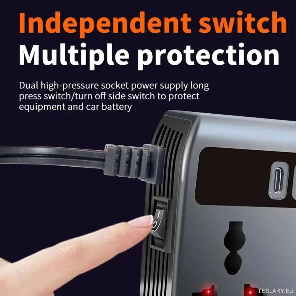 Multiport Car Power Inverter: 12V/24V to 220V with 9 Charging Ports - EV Compatible - TESLARY Tesla Shop Accessories Europe Nederlands Ireland Deutschland Espana Alicante France Italia
