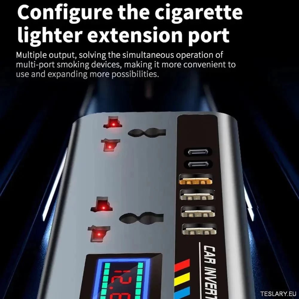 Multiport Car Power Inverter: 12V/24V to 220V with 9 Charging Ports - EV Compatible - TESLARY Tesla Shop Accessories Europe Nederlands Ireland Deutschland Espana Alicante France Italia