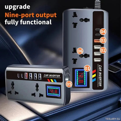 Multiport Car Power Inverter: 12V/24V to 220V with 9 Charging Ports - EV Compatible - TESLARY Tesla Shop Accessories Europe Nederlands Ireland Deutschland Espana Alicante France Italia