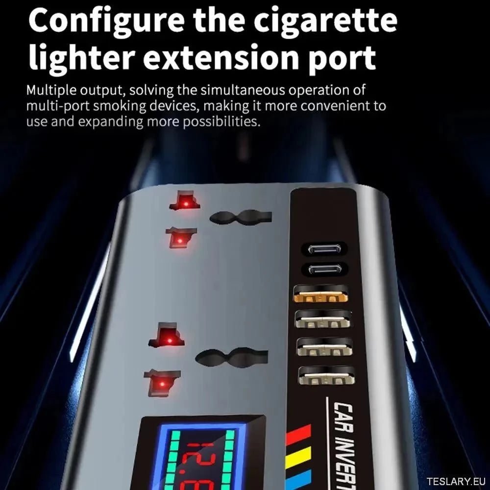 Multiport Car Power Inverter: 12V/24V to 220V with 9 Charging Ports - EV Compatible - TESLARY Tesla Shop Accessories Europe Nederlands Ireland Deutschland Espana Alicante France Italia