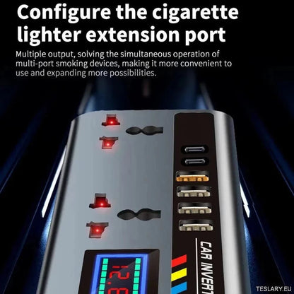 Multiport Car Power Inverter: 12V/24V to 220V with 9 Charging Ports - EV Compatible - TESLARY Tesla Shop Accessories Europe Nederlands Ireland Deutschland Espana Alicante France Italia