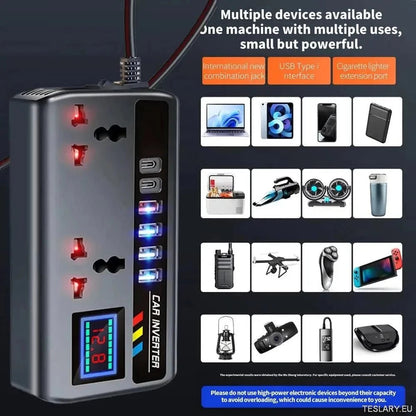 Multiport Car Power Inverter: 12V/24V to 220V with 9 Charging Ports - EV Compatible - TESLARY Tesla Shop Accessories Europe Nederlands Ireland Deutschland Espana Alicante France Italia
