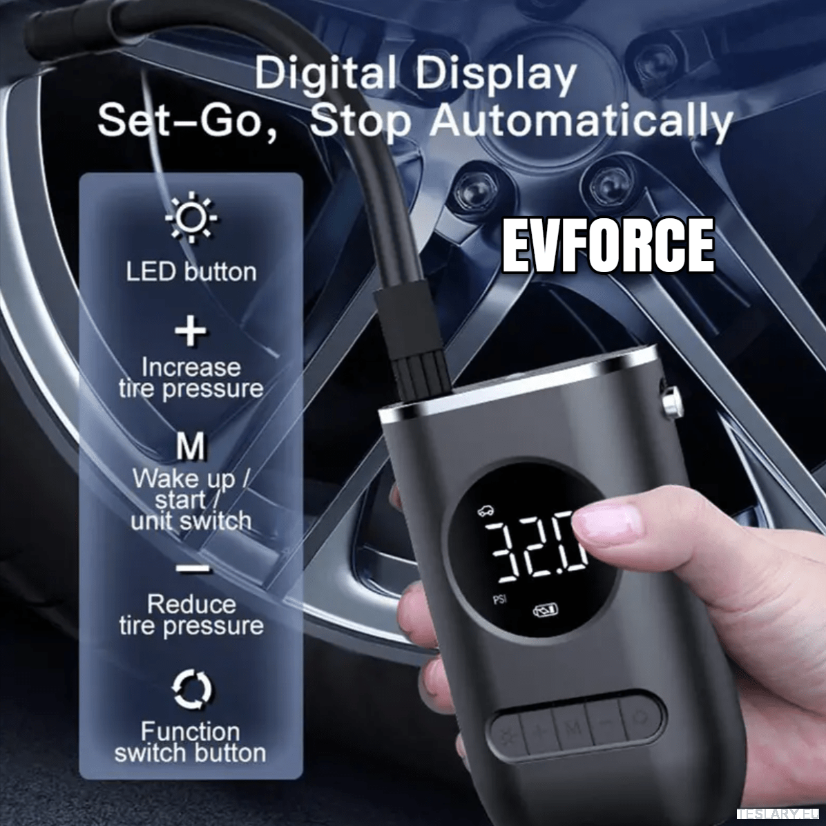 Portable Battery Powered Tyre Compressor for Tesla , BYD , MG & Other EVs - TESLARY Tesla Shop Accessories Europe Nederlands Dublin Cork Ireland Deutschland Espana Alicante France Italia