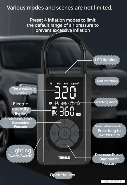 Portable Battery Powered Tyre Compressor for Tesla Model 3 Y S X - 2000Mah - TESLARY Tesla Shop Accessories Europe Nederlands Dublin Cork Ireland Deutschland Espana Alicante France Italia