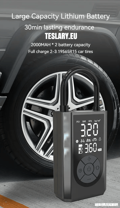 Portable Battery Powered Tyre Compressor for Tesla Model 3 Y S X - 2000Mah - TESLARY Tesla Shop Accessories Europe Nederlands Dublin Cork Ireland Deutschland Espana Alicante France Italia