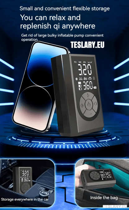 Portable Battery Powered Tyre Compressor for Tesla Model 3 Y S X - 2000Mah - TESLARY Tesla Shop Accessories Europe Nederlands Dublin Cork Ireland Deutschland Espana Alicante France Italia
