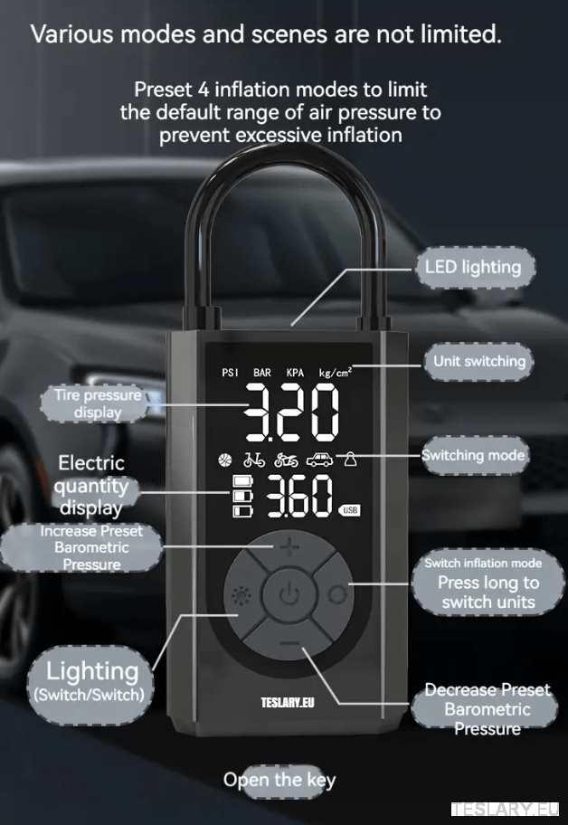 Portable Battery Powered Tyre Compressor for Tesla Model 3 Y S X - 2000Mah - TESLARY Tesla Shop Accessories Europe Nederlands Dublin Cork Ireland Deutschland Espana Alicante France Italia