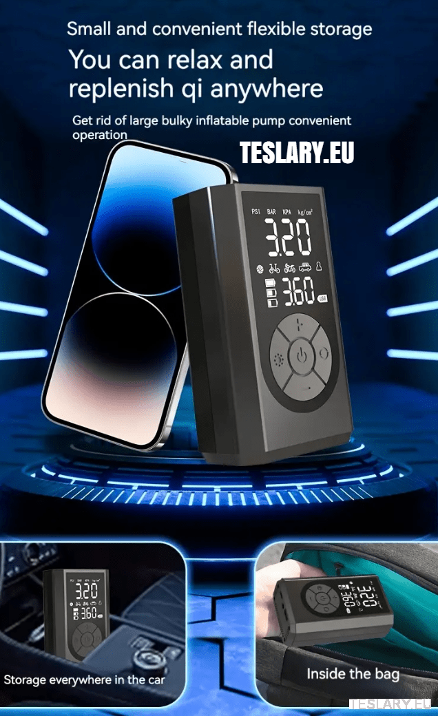 Portable Battery Powered Tyre Compressor for Tesla Model 3 Y S X - 2000Mah - TESLARY Tesla Shop Accessories Europe Nederlands Dublin Cork Ireland Deutschland Espana Alicante France Italia