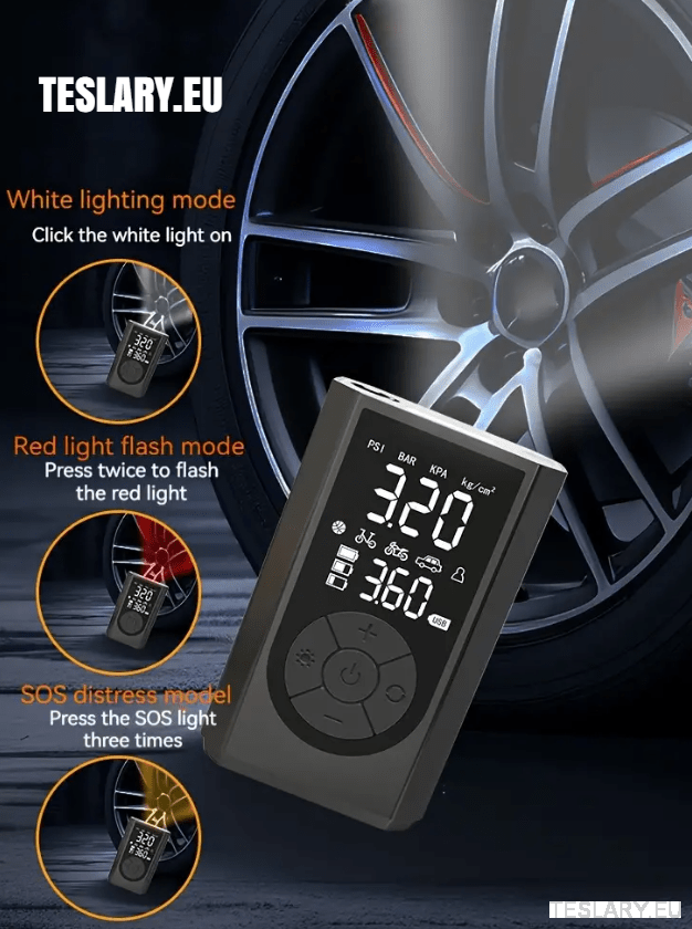 Portable Battery Powered Tyre Compressor for Tesla Model 3 Y S X - 2000Mah - TESLARY Tesla Shop Accessories Europe Nederlands Dublin Cork Ireland Deutschland Espana Alicante France Italia