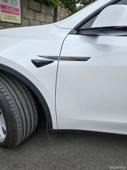 Premium Logo Decal Metal Door & Wing Stickers for Tesla 3 , Y & X - TESLARY Tesla Shop Accessories Europe Nederlands Ireland Deutschland Espana Alicante France Italia
