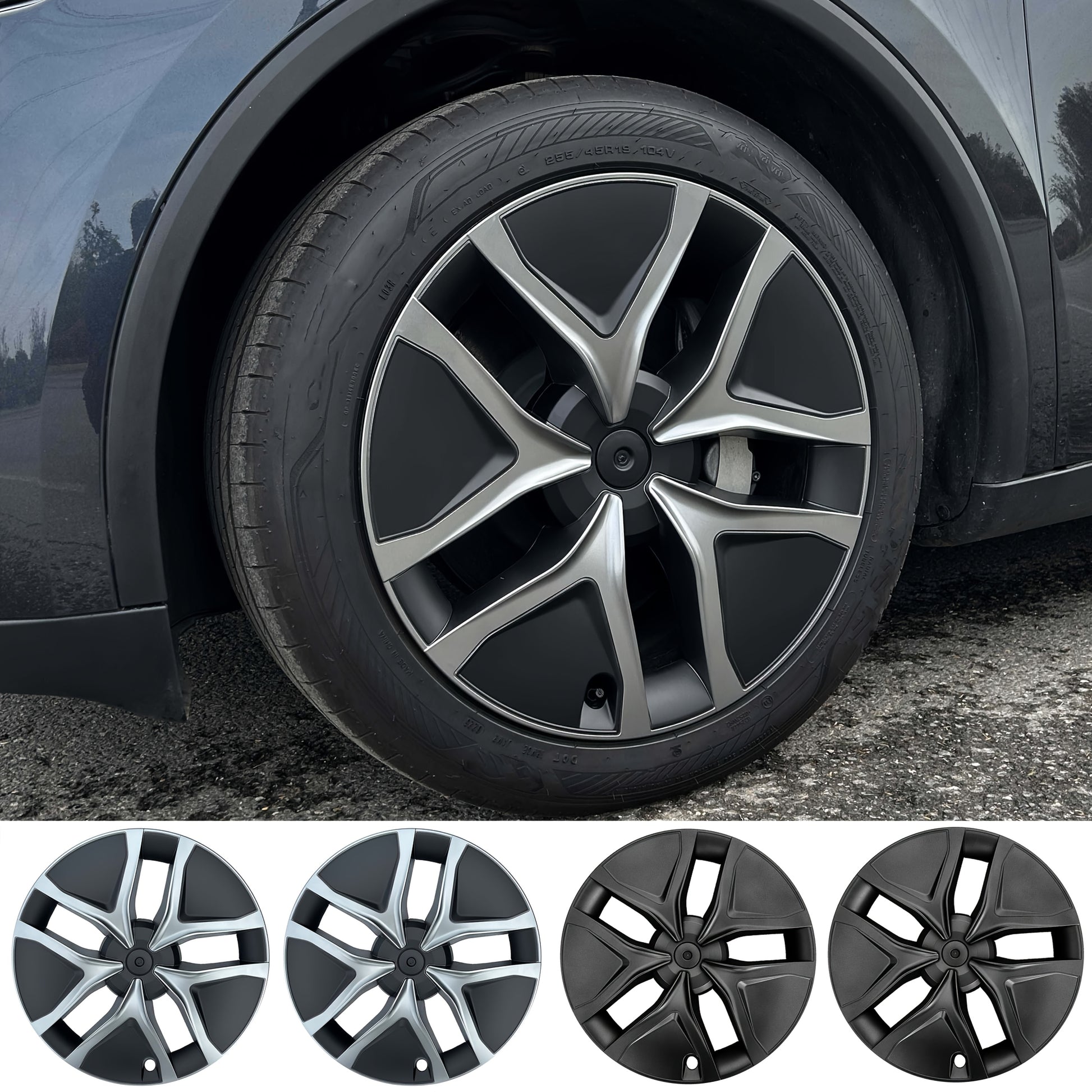 Matte Black  Silver Wheel Covers 19 for the New Tesla Model Y Juniper