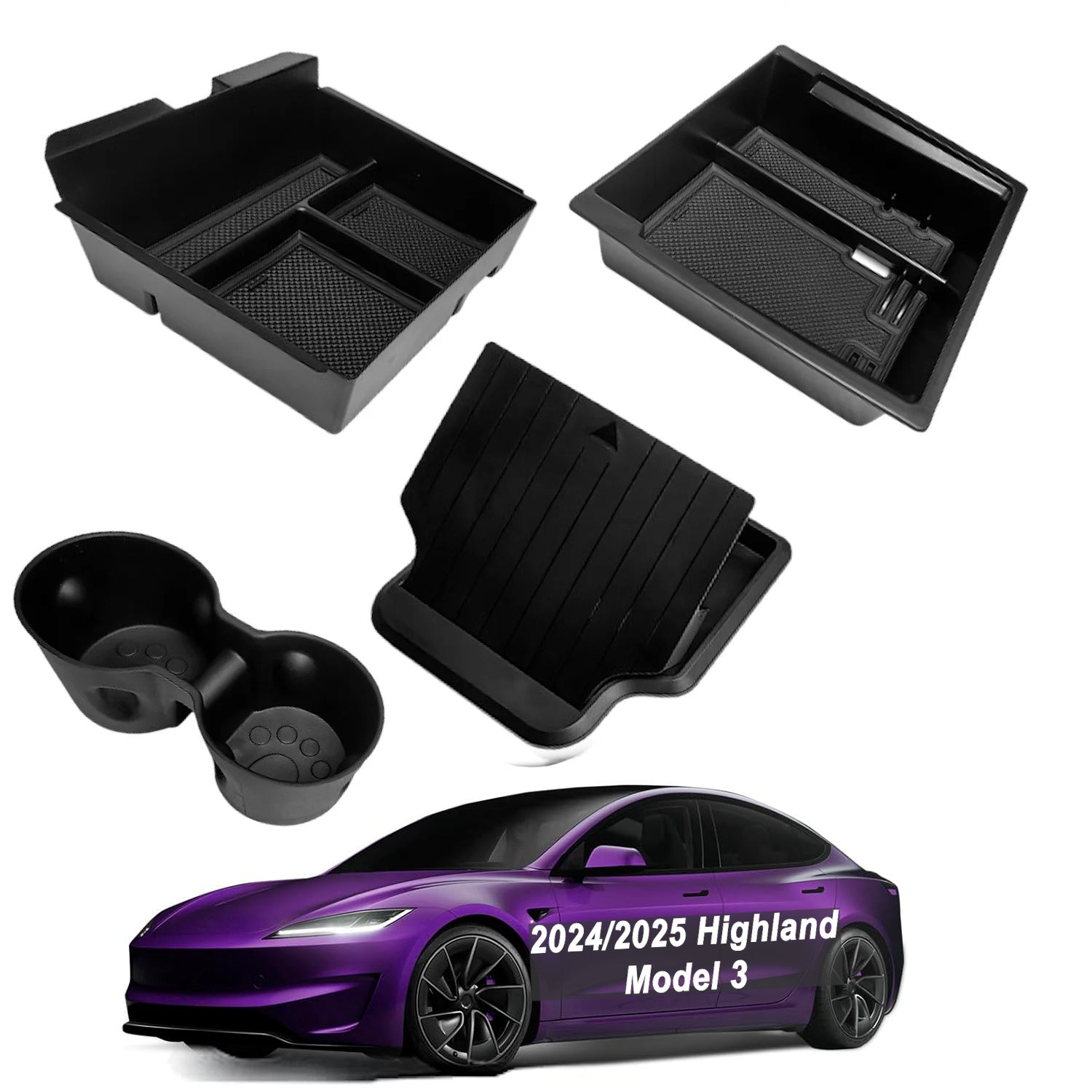 1pc for Tesla Model 3 Highland 2024 Center Console Organizer Tray ABS Material SmoothSlide Armrest Storage Box with Hidden Cup Holder Compatible with Highland Model Only