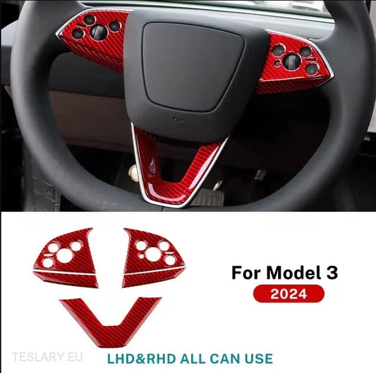 Tesla 3 Highland Real Carbon Fiber Steering Wheel trim in Black or Red -TESLARY.IE Tesla Shop Europe