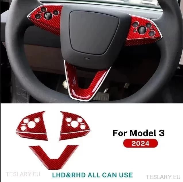 Tesla 3 Highland Real Carbon Fiber Steering Wheel trim in Black or Red - TESLARY Tesla Shop Accessories Europe Nederlands Ireland Deutschland Espana Alicante France Italia