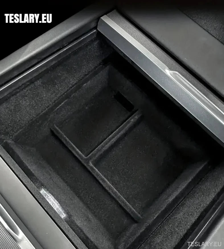 Tesla Model 3+ Highland Centre Console Rear Organiser Trays Front & Rear Flocking - TESLARY Tesla Shop Accessories Europe Nederlands Ireland Deutschland Espana Alicante France Italia