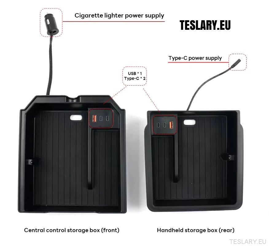 Tesla Model 3+ Highland Centre Storage Trays with USB Ports - TESLARY Tesla Shop Accessories Europe Nederlands Ireland Deutschland Espana Alicante France Italia