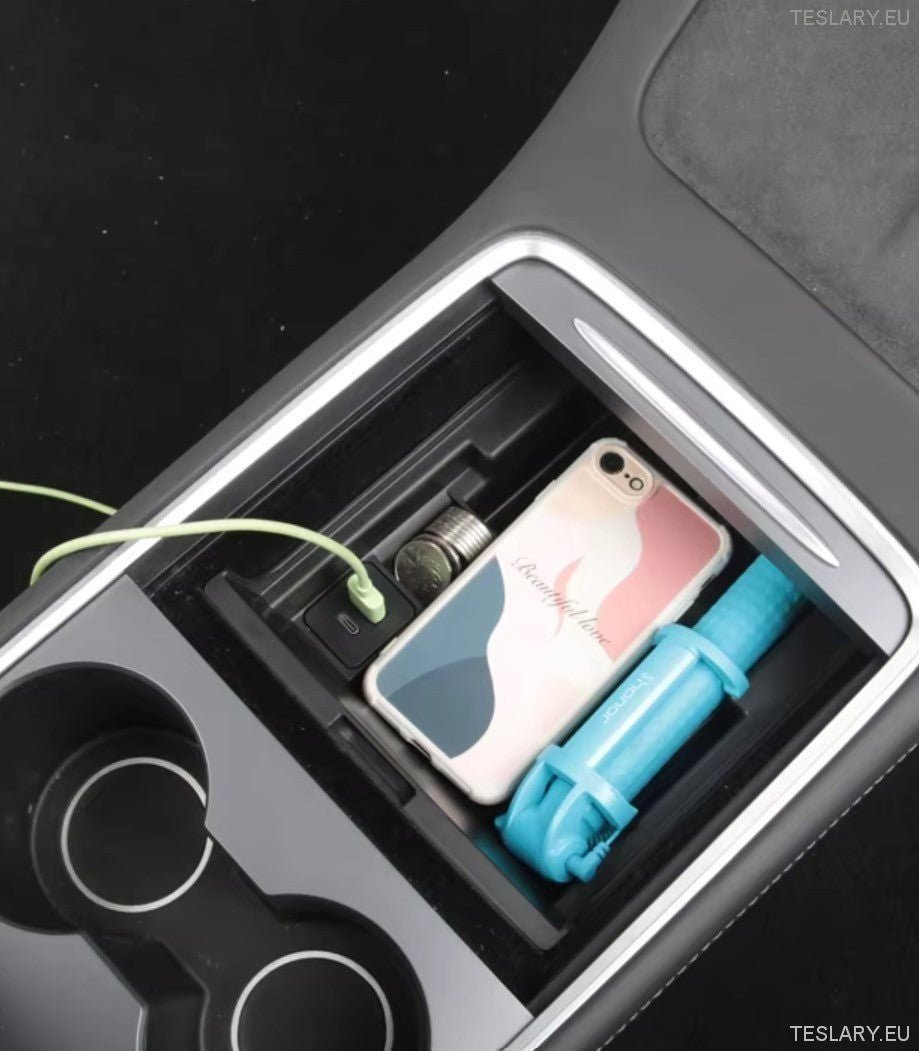 Tesla Model 3 / Y Centre Console Front Organiser Including USB with Spring Return - TESLARY Tesla Shop Accessories Europe Nederlands Ireland Deutschland Espana Alicante France Italia