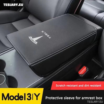 Tesla Model 3 / Y Centre Console PU Leather Armrest Cover with Logo - TESLARY Tesla Shop Accessories Europe Nederlands Ireland Deutschland Espana Alicante France Italia