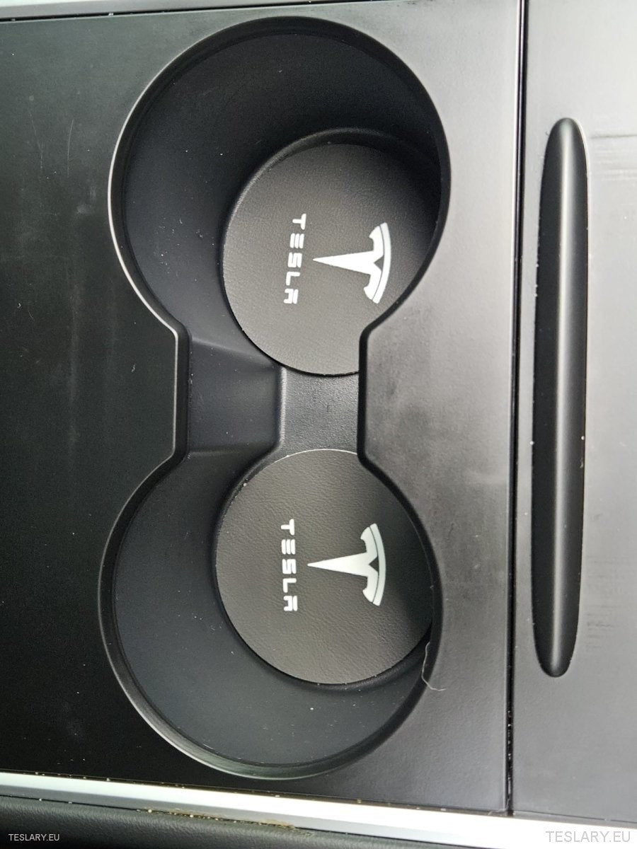 Tesla Model 3 Y S X Black Leather Centre Console Cup Inserts with Logo - TESLARY Tesla Shop Accessories Europe Nederlands Ireland Deutschland Espana Alicante France Italia