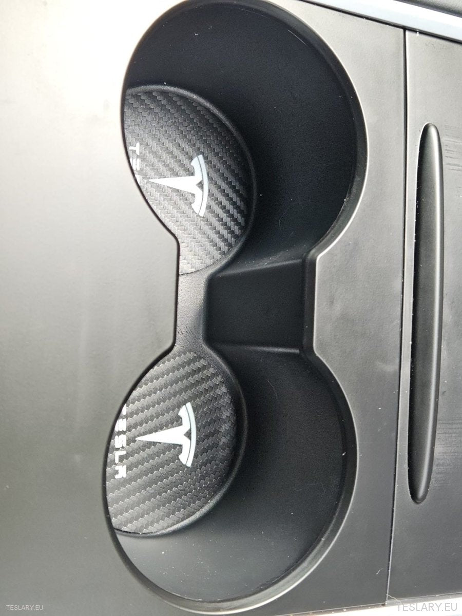 Tesla Model 3 Y S X Black Leather Centre Console Cup Inserts with Logo - TESLARY Tesla Shop Accessories Europe Nederlands Ireland Deutschland Espana Alicante France Italia
