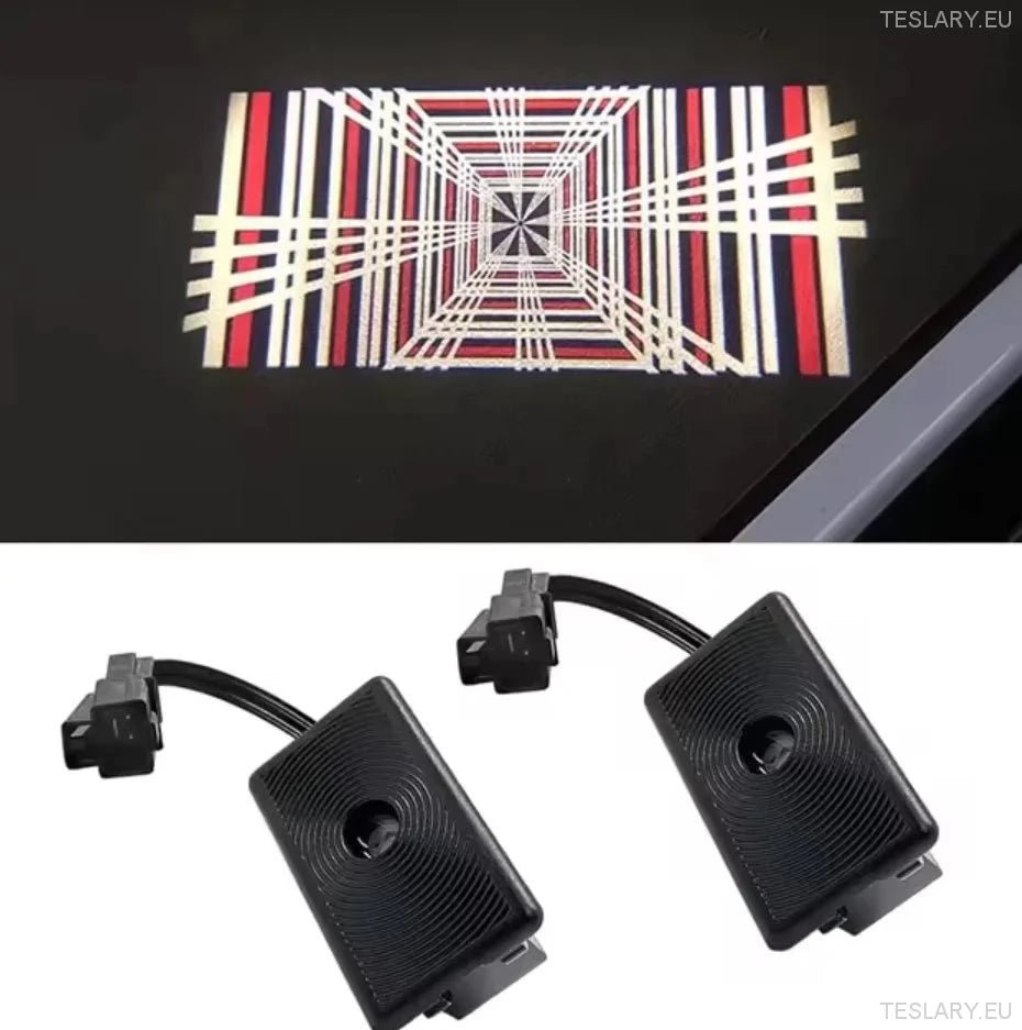 Tesla Model 3 / Y / S / X Door Projector Lights Plaid & Logo Style - TESLARY Tesla Shop Accessories Europe Nederlands Dublin Cork Ireland Deutschland Espana Alicante France Italia