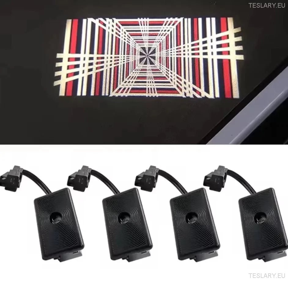 Tesla Model 3 / Y / S / X Door Projector Lights Plaid & Logo Style - TESLARY Tesla Shop Accessories Europe Nederlands Ireland Deutschland Espana Alicante France Italia
