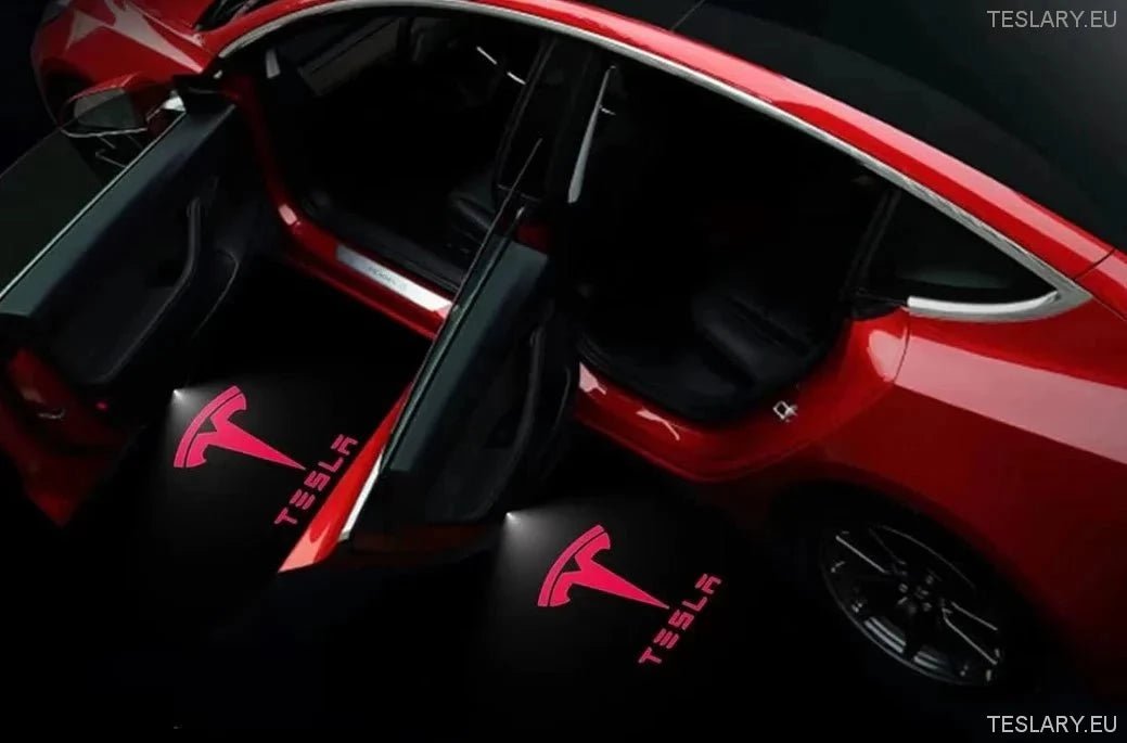 Tesla Model 3 / Y / S / X Door Projector Lights Plaid & Logo Style - TESLARY Tesla Shop Accessories Europe Nederlands Ireland Deutschland Espana Alicante France Italia