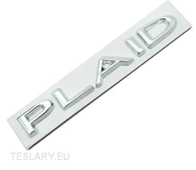 TESLA  " PLAID " REAR LOGO EMBLEM IN CHROME & RED -TESLARY.IE Tesla Shop Europe