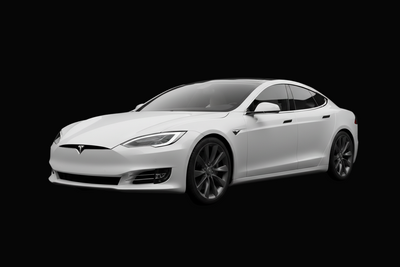 tesla Model s white on black background facing sideways from the front
