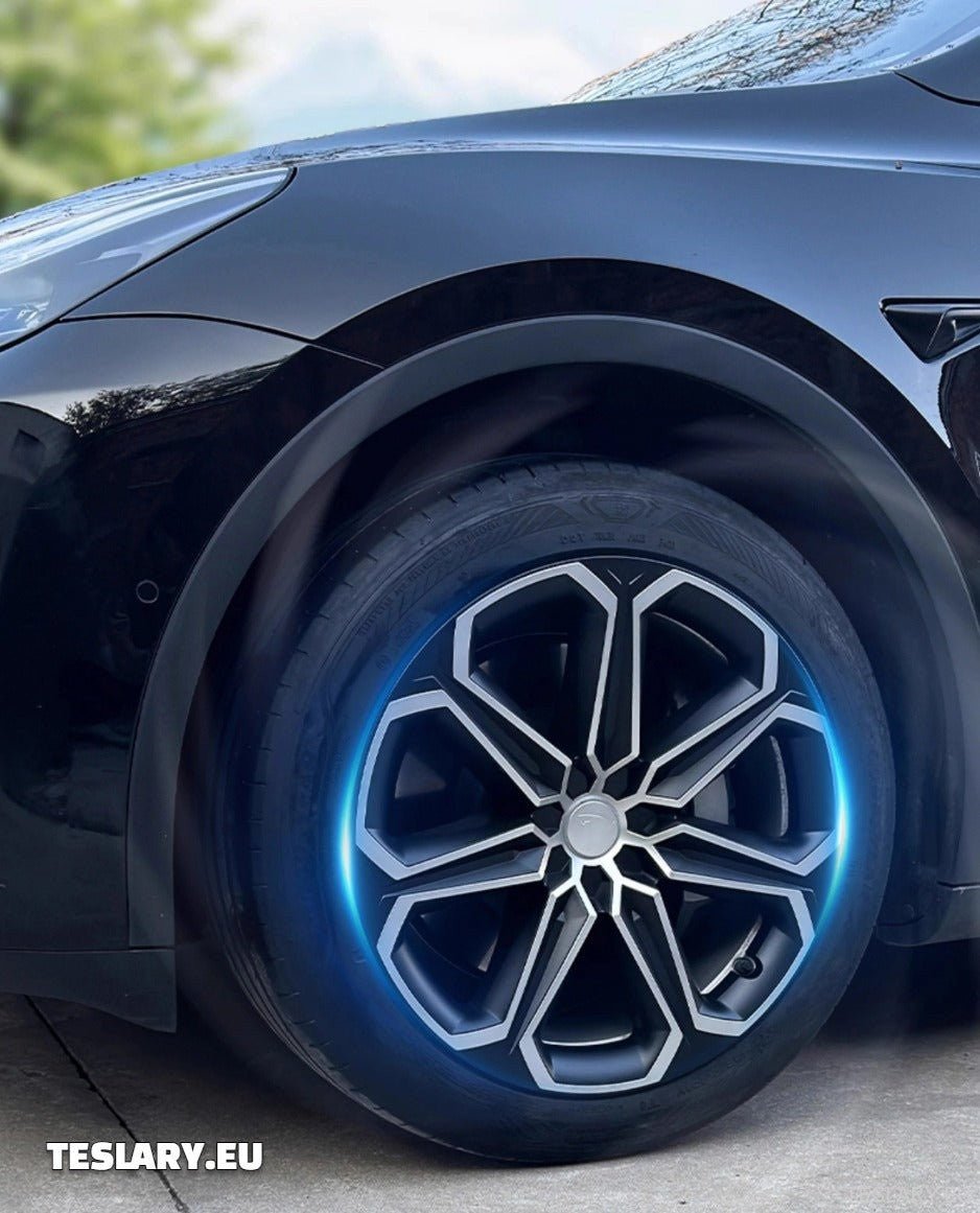 TESLA MODEL Y 19" UNIQUE S14 FULL COVER WHEEL HUBS BLACK & SILVER - TESLARY Tesla Shop Accessories Europe Nederlands Dublin Cork Ireland Deutschland Espana Alicante France Italia
