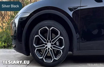 TESLA MODEL Y 19" UNIQUE S14 FULL COVER WHEEL HUBS BLACK & SILVER - TESLARY Tesla Shop Accessories Europe Nederlands Ireland Deutschland Espana Alicante France Italia