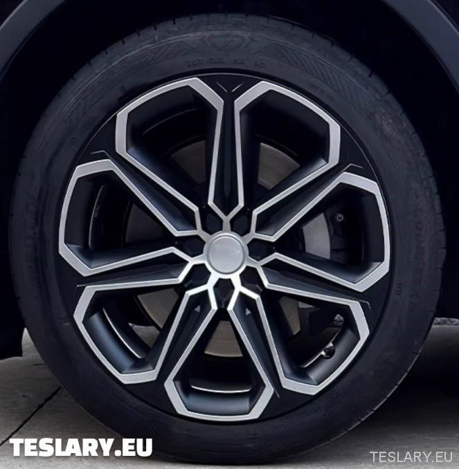 TESLA MODEL Y 19" UNIQUE S14 FULL COVER WHEEL HUBS BLACK & SILVER - TESLARY Tesla Shop Accessories Europe Nederlands Ireland Deutschland Espana Alicante France Italia