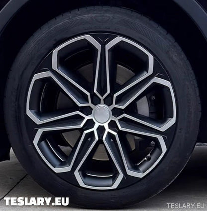 TESLA MODEL Y 19" UNIQUE S14 FULL COVER WHEEL HUBS BLACK & SILVER - TESLARY Tesla Shop Accessories Europe Nederlands Ireland Deutschland Espana Alicante France Italia