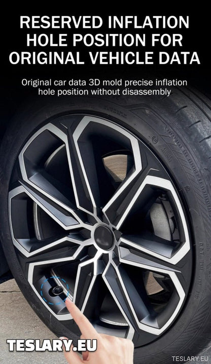 TESLA MODEL Y 19" UNIQUE S14 FULL COVER WHEEL HUBS BLACK & SILVER - TESLARY Tesla Shop Accessories Europe Nederlands Ireland Deutschland Espana Alicante France Italia