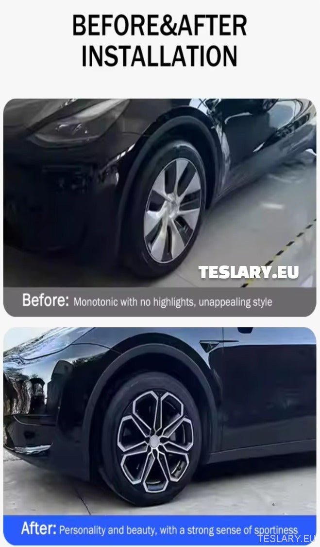 TESLA MODEL Y 19" UNIQUE S14 FULL COVER WHEEL HUBS BLACK & SILVER - TESLARY Tesla Shop Accessories Europe Nederlands Ireland Deutschland Espana Alicante France Italia