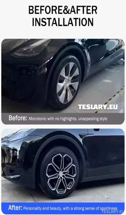 TESLA MODEL Y 19" UNIQUE S14 FULL COVER WHEEL HUBS BLACK & SILVER - TESLARY Tesla Shop Accessories Europe Nederlands Ireland Deutschland Espana Alicante France Italia