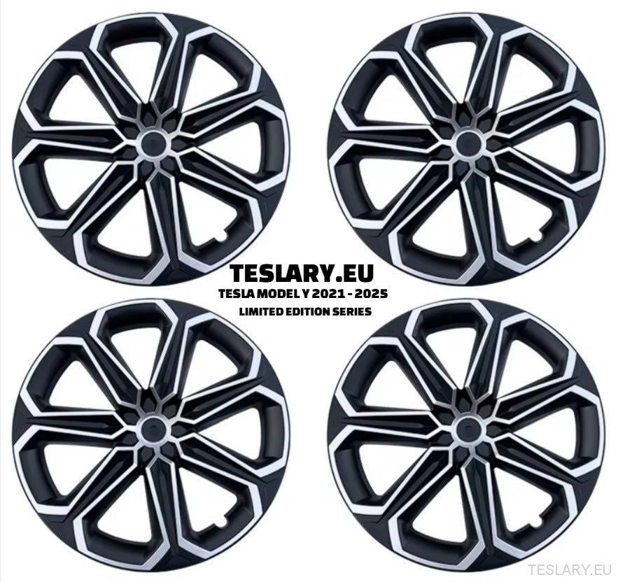 TESLA MODEL Y 19" UNIQUE S14 FULL COVER WHEEL HUBS BLACK & SILVER - TESLARY Tesla Shop Accessories Europe Nederlands Ireland Deutschland Espana Alicante France Italia