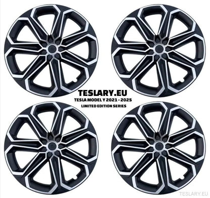 TESLA MODEL Y 19" UNIQUE S14 FULL COVER WHEEL HUBS BLACK & SILVER - TESLARY Tesla Shop Accessories Europe Nederlands Ireland Deutschland Espana Alicante France Italia